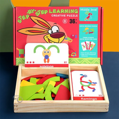 Mágneses tangram fajáték angol kártyákkal, közép szint
